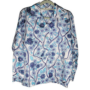 Vtg Miss Holly Korea Blouse XL 70s Mod Psychedelic Floral Shirt Blue White